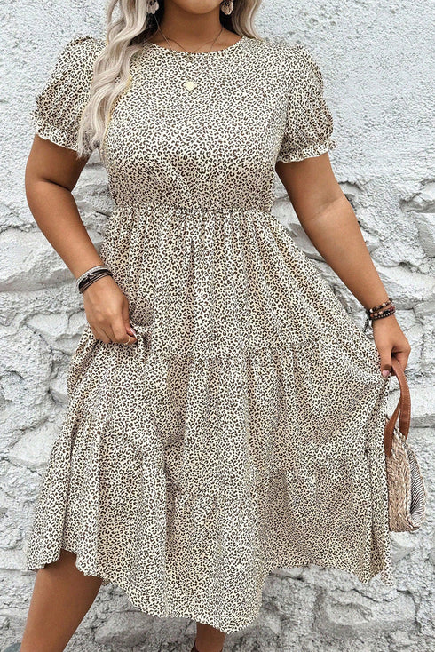 Leopard Print Frill Trim A Line Plus Size Midi Dress