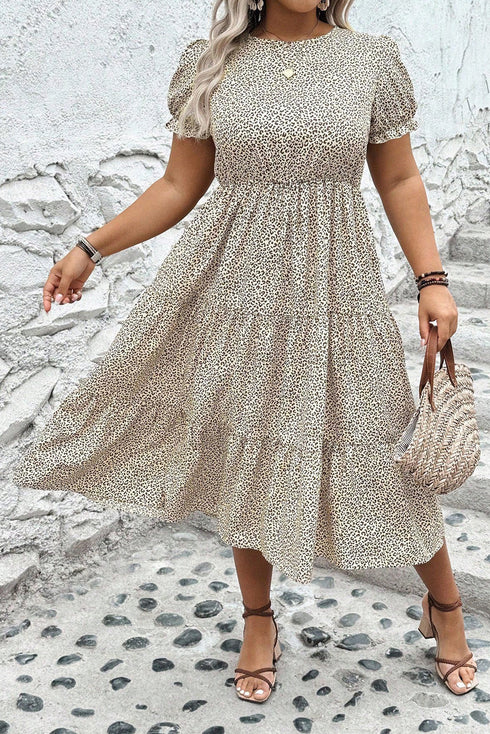 Leopard Print Frill Trim A Line Plus Size Midi Dress