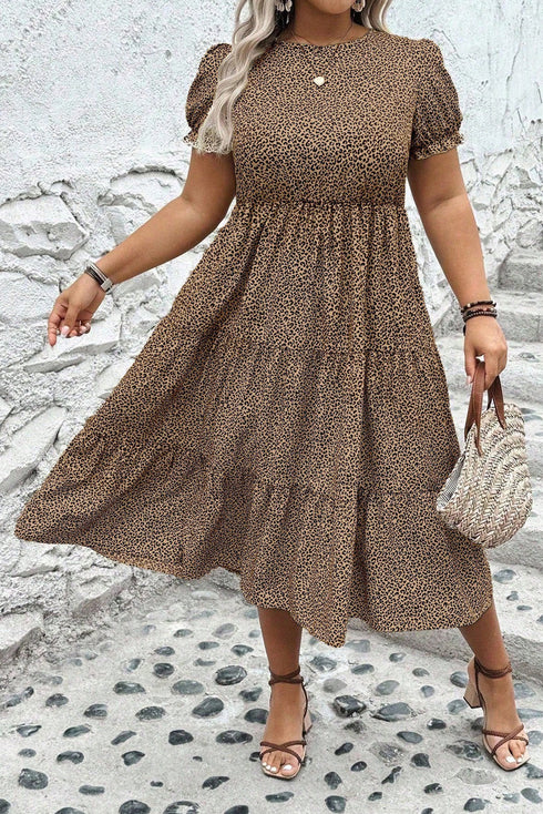 Leopard Print Frill Trim A Line Plus Size Midi Dress