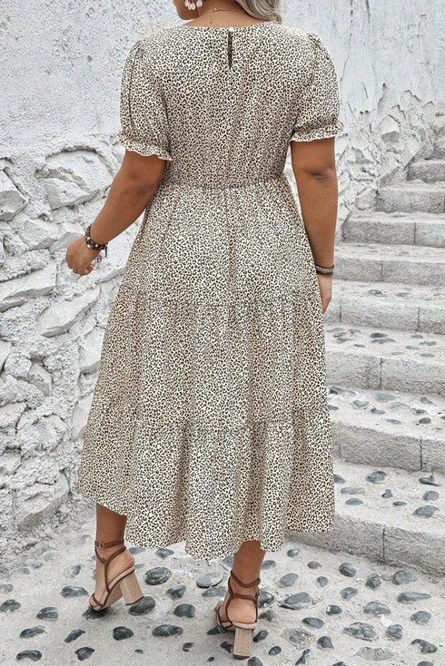 Leopard Print Frill Trim A Line Plus Size Midi Dress