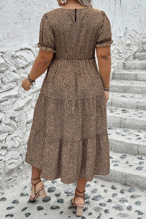 Leopard Print Frill Trim A Line Plus Size Midi Dress