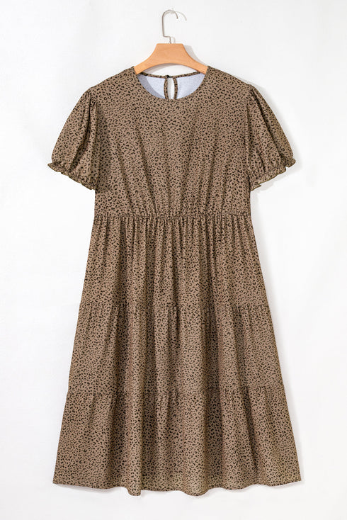 Leopard Print Frill Trim A Line Plus Size Midi Dress