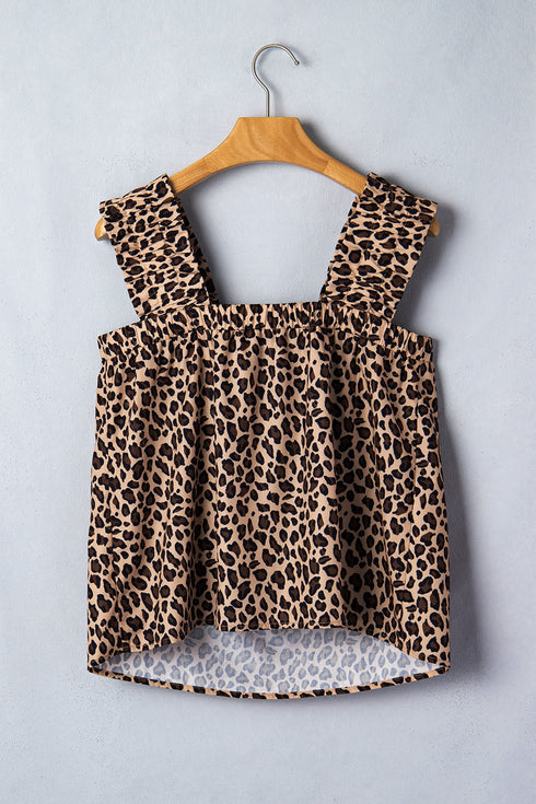 Leopard Print Frilled Square Neck Western Tank Top