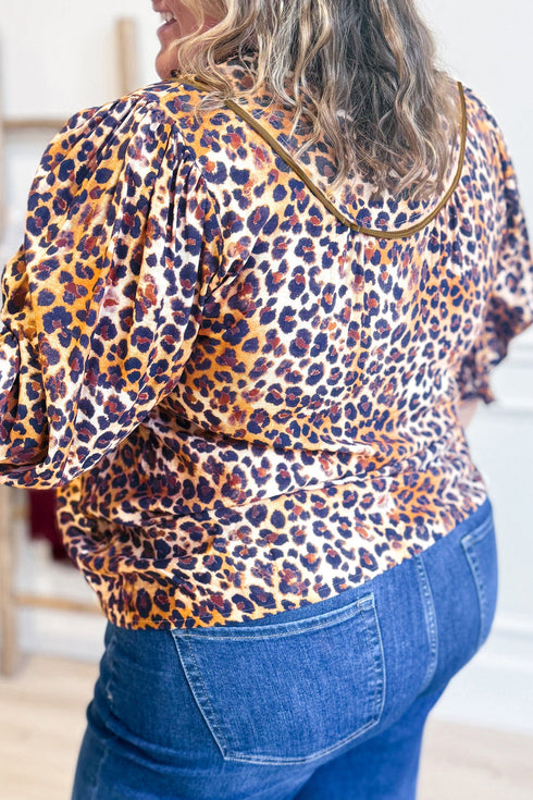 Leopard Print Frilled Stand Neck Western Blouse