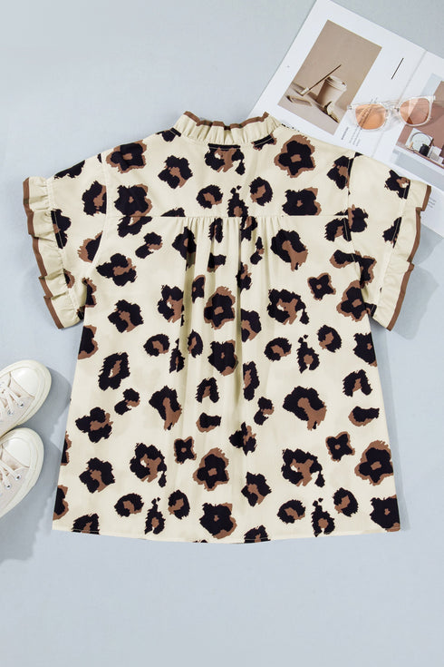 Leopard Print Frilled Trim Button Down Short Sleeve Blouse