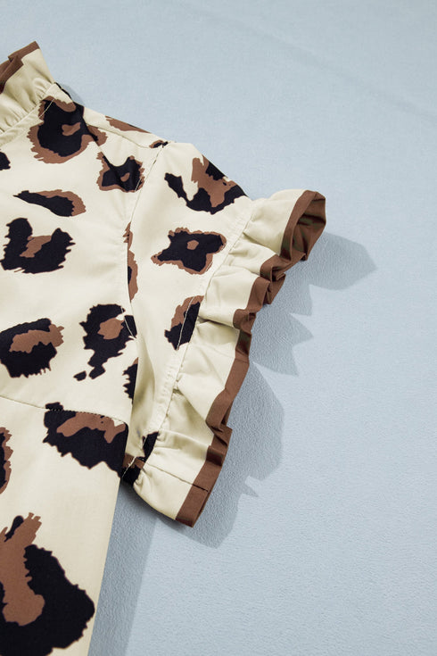 Leopard Print Frilled Trim Button Down Short Sleeve Blouse