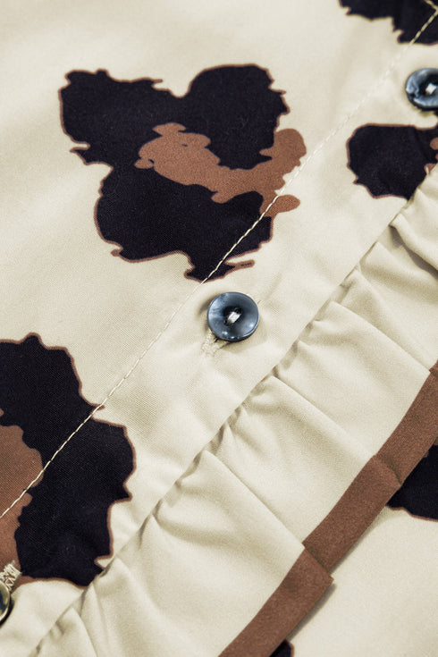 Leopard Print Frilled Trim Button Down Short Sleeve Blouse
