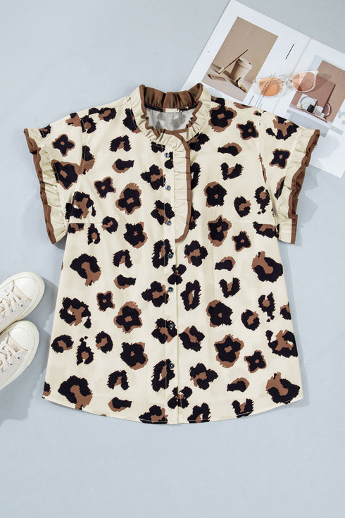 Leopard Print Frilled Trim Button Down Short Sleeve Blouse