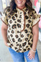 Leopard Print Frilled Trim Button Down Short Sleeve Blouse