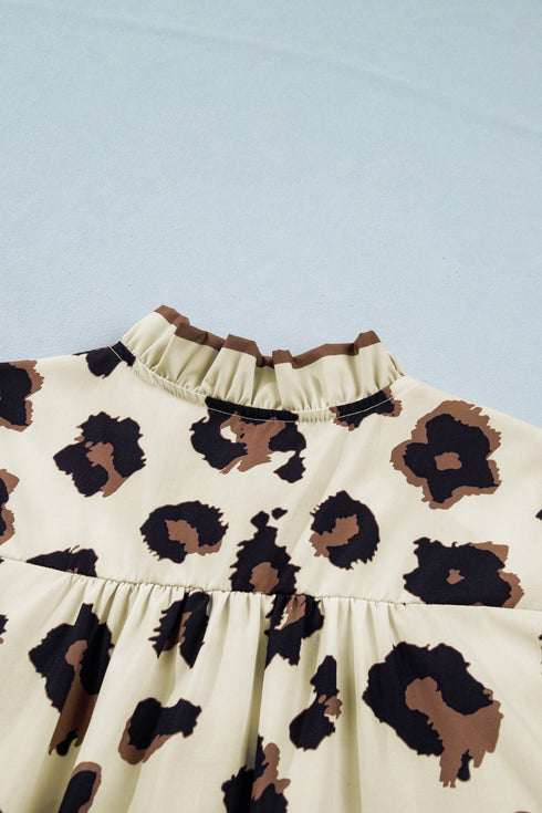 Leopard Print Frilled Trim Button Down Short Sleeve Blouse