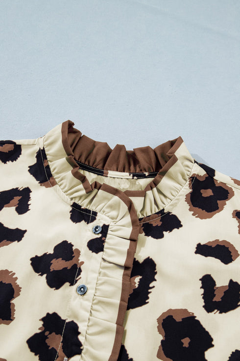 Leopard Print Frilled Trim Button Down Short Sleeve Blouse