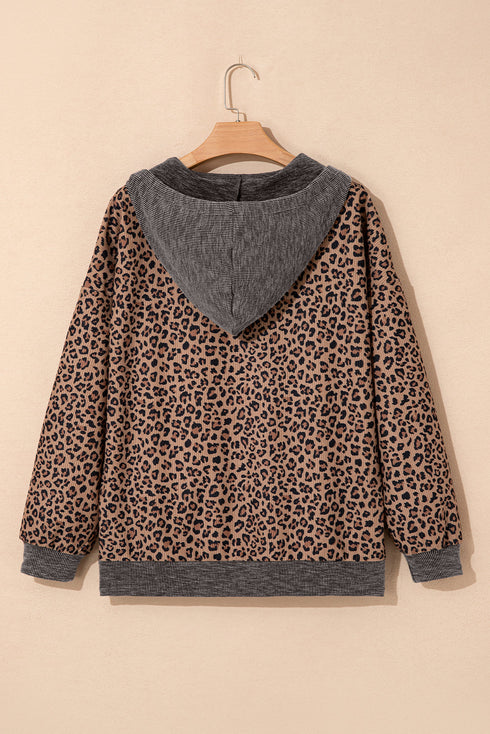 Leopard Print Half Zip Waffle Knit Hoodie