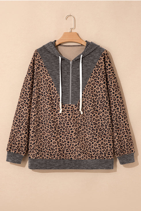 Leopard Print Half Zip Waffle Knit Hoodie