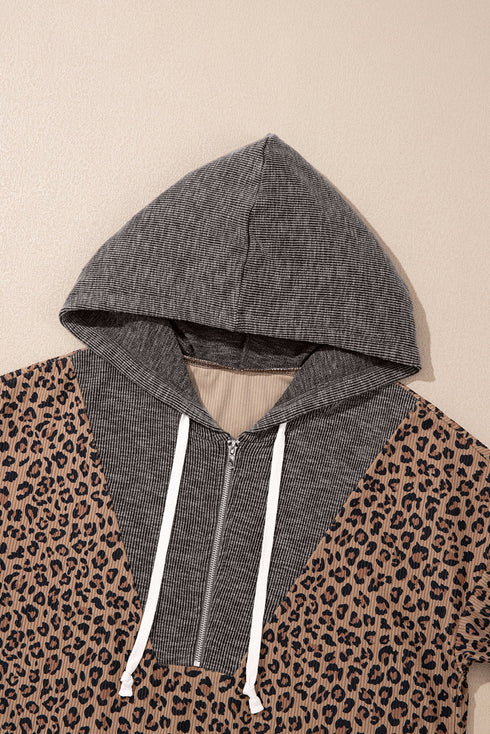 Leopard Print Half Zip Waffle Knit Hoodie