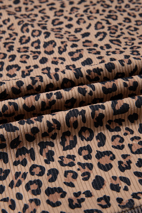Leopard Print Half Zip Waffle Knit Hoodie