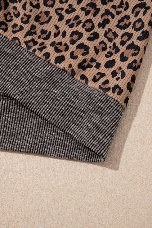 Leopard Print Half Zip Waffle Knit Hoodie