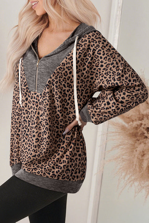 Leopard Print Half Zip Waffle Knit Hoodie
