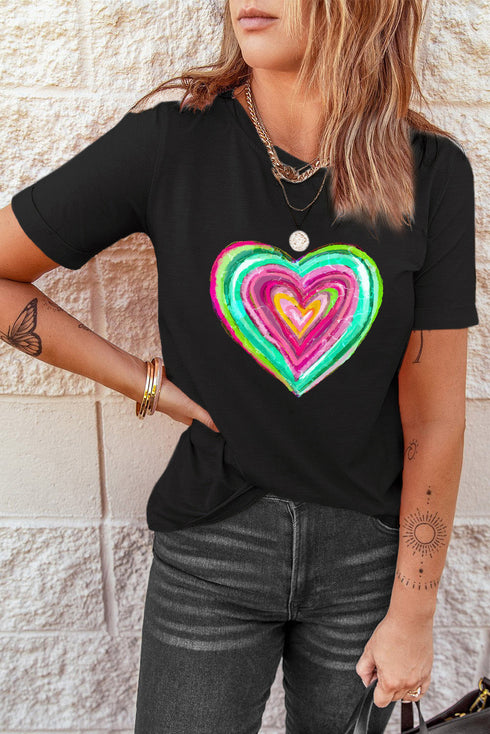 Leopard Print Heart Graphic Short Sleeve Crew Neck Tee
