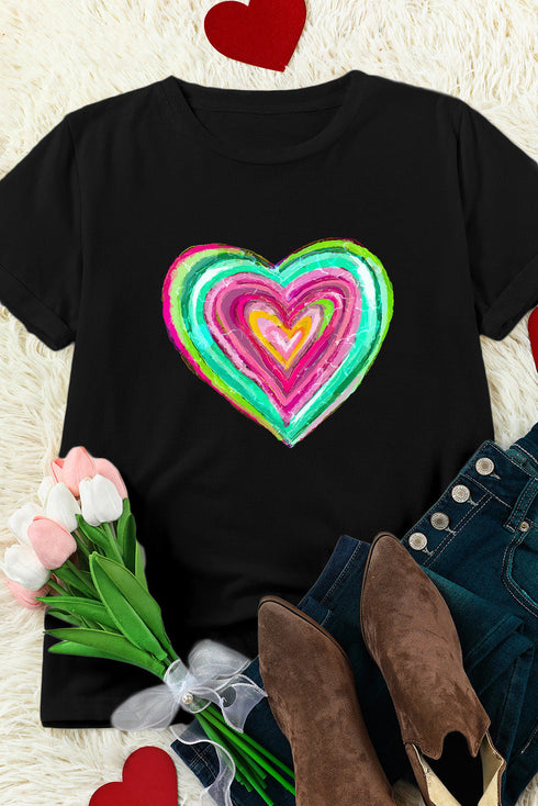 Leopard Print Heart Graphic Short Sleeve Crew Neck Tee