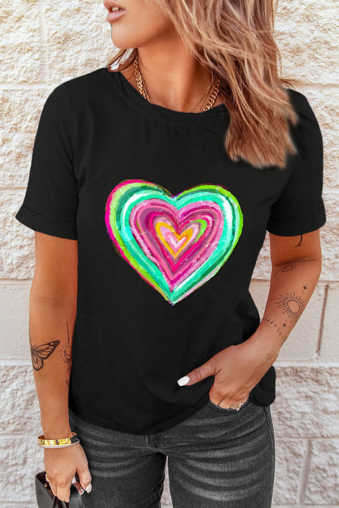 Leopard Print Heart Graphic Short Sleeve Crew Neck Tee