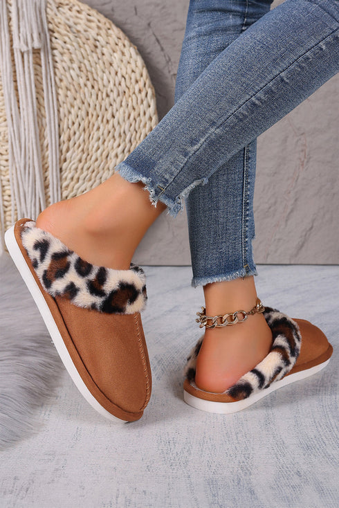 Leopard Print Heart Patch Plush Lined Thick Sole Slippers
