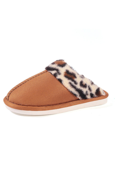 Leopard Print Heart Patch Plush Lined Thick Sole Slippers