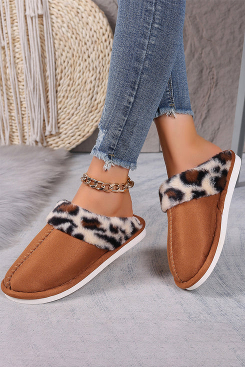 Leopard Print Heart Patch Plush Lined Thick Sole Slippers