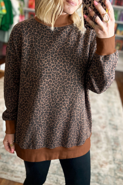 Leopard Print High Neck Ribbed Cuffs And Hem Sweatshirt