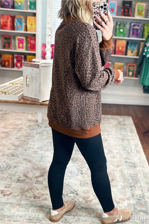 Leopard Print High Neck Ribbed Cuffs And Hem Sweatshirt