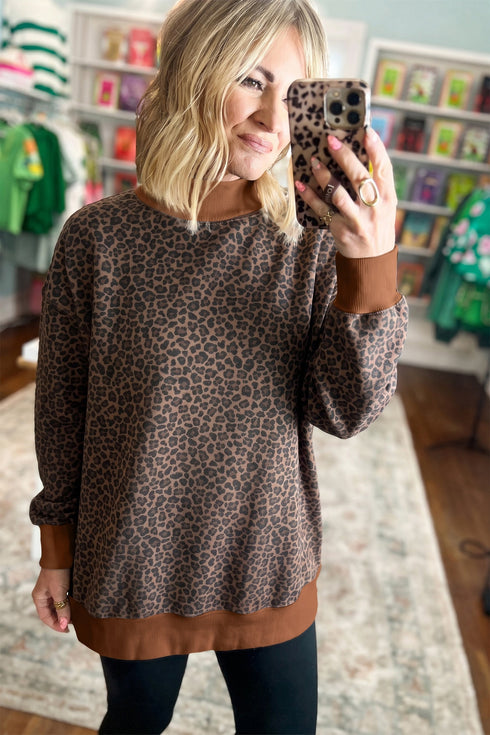 Leopard Print High Neck Ribbed Cuffs And Hem Sweatshirt