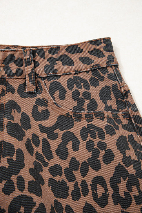 Leopard Print High Slit Frayed Hem Denim Midi Skirt