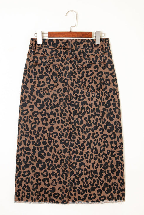 Leopard Print High Slit Frayed Hem Denim Midi Skirt