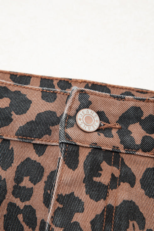 Leopard Print High Slit Frayed Hem Denim Midi Skirt