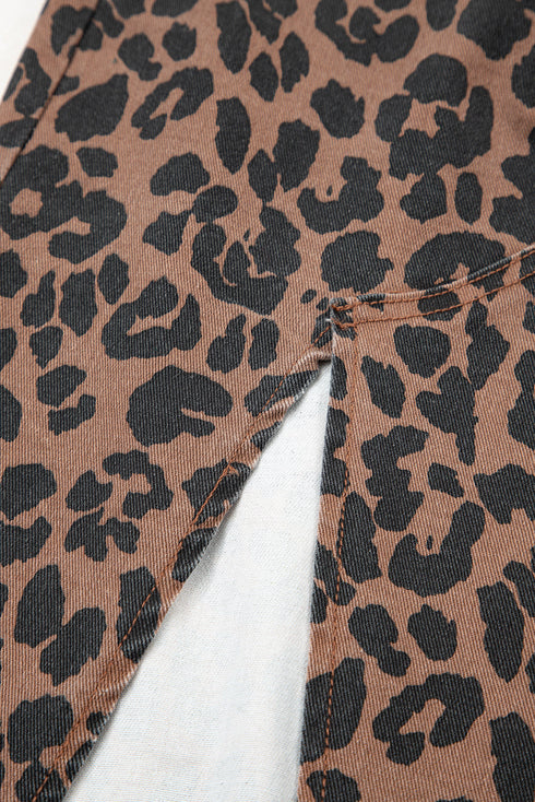 Leopard Print High Slit Frayed Hem Denim Midi Skirt