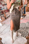Leopard Print High Slit Frayed Hem Denim Midi Skirt