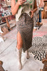 Leopard Print High Slit Frayed Hem Denim Midi Skirt