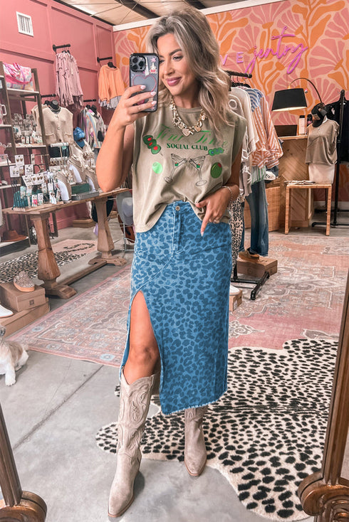 Leopard Print High Slit Frayed Hem Denim Midi Skirt