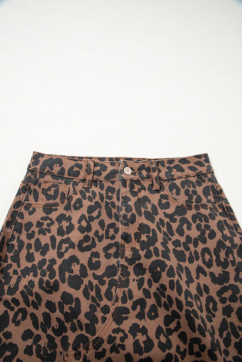 Leopard Print High Slit Frayed Hem Denim Midi Skirt