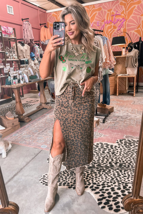 Leopard Print High Slit Frayed Hem Denim Midi Skirt