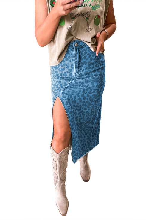 Leopard Print High Slit Frayed Hem Denim Midi Skirt