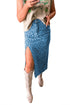 Leopard Print High Slit Frayed Hem Denim Midi Skirt