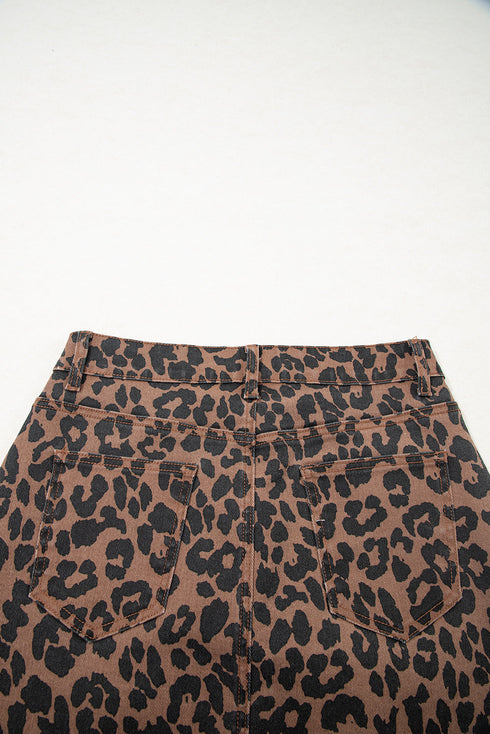 Leopard Print High Slit Frayed Hem Denim Midi Skirt
