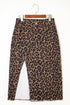 Leopard Print High Slit Frayed Hem Denim Midi Skirt