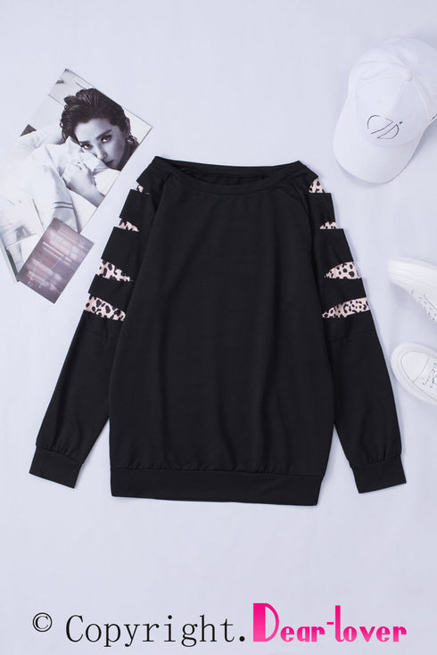 Leopard Print Insert Crew Neck Pullover Sweatshirt