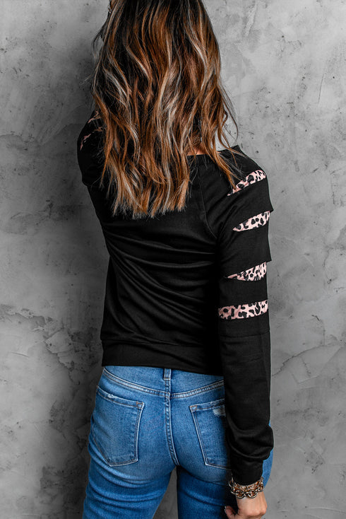 Leopard Print Insert Crew Neck Pullover Sweatshirt