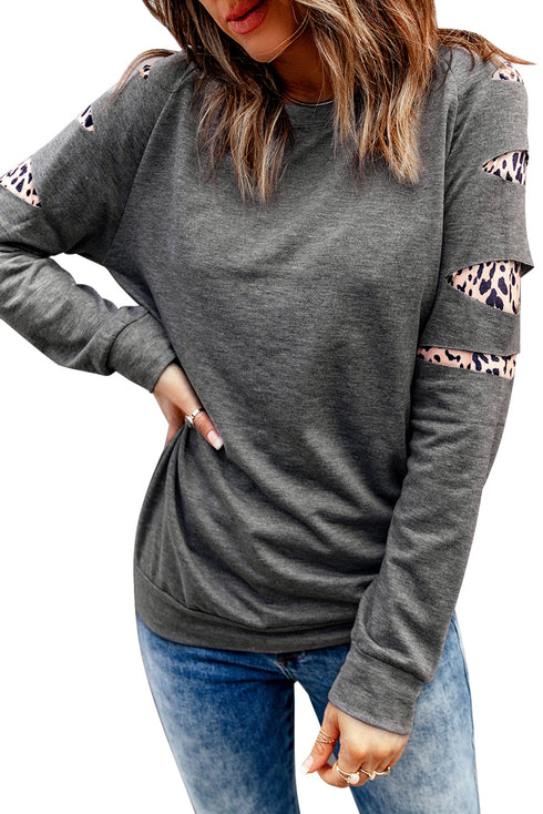 Leopard Print Insert Crew Neck Pullover Sweatshirt