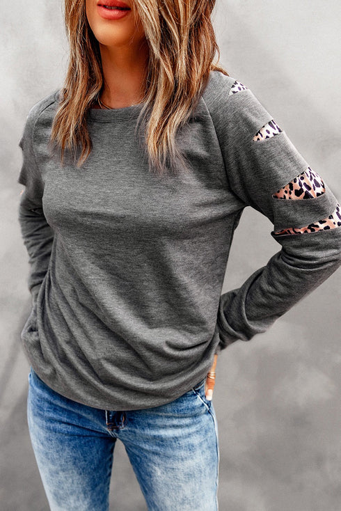 Leopard Print Insert Crew Neck Pullover Sweatshirt