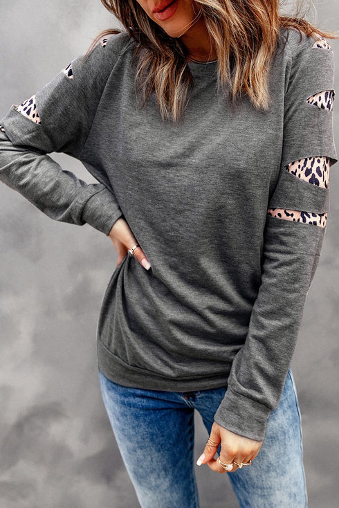 Leopard Print Insert Crew Neck Pullover Sweatshirt