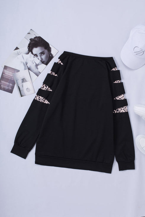 Leopard Print Insert Crew Neck Pullover Sweatshirt