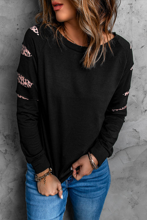 Leopard Print Insert Crew Neck Pullover Sweatshirt